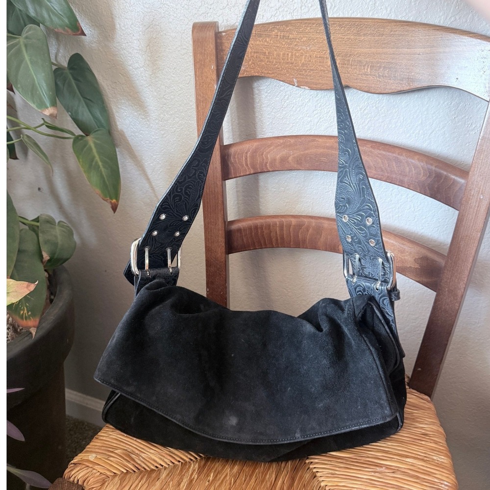 Barbara Milano Black Suede Shoulder Bag Tooled Leather Strap Buckle Detail